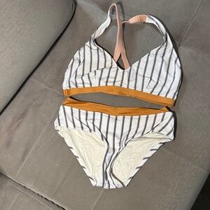 Patagonia White with Black Stripe Bikini Set with Mustard Trim